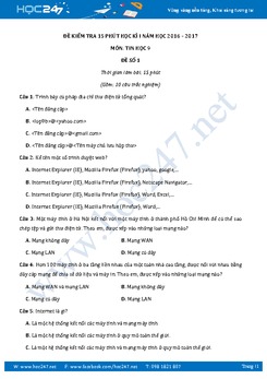 Bộ 4 đề kiểm tra 15 phút học kì 1 môn Tin học lớp 9 có đáp án năm 2017