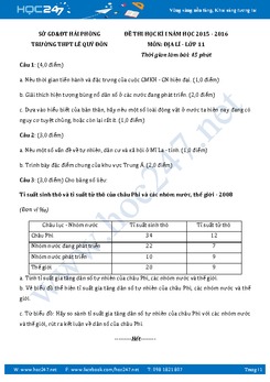 Đề thi học kì 1 môn Địa Lý 11 - Trường THPT Lê Quý  Đôn