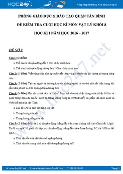 Đề thi cuối học kì I môn Vật lý 8 có đáp án năm 2016- 2017