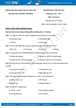 Đề kiểm tra 1 tiết học kì 1 môn Tin học lớp 8 có đáp án năm 2017 - Trường THCS Nguyễn Thái Bình