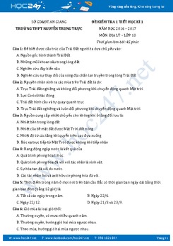 Đề kiểm tra 1 tiết HK1 môn Địa Lý 10-THPT Nguyễn Trung Trực