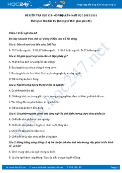 Đề thi học kì môn Địa Lý 9 năm học 2015-2016 - Trường THCS