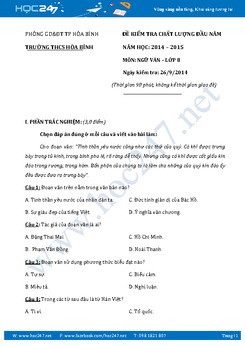 Đề kiểm tra KSCL đầu năm Ngữ văn lớp 8 trường THCS Hòa Bình