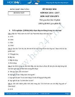 Đề thi học kì 2 Ngữ Văn 9 năm 2017 Phòng GD&ĐT Vĩnh Tường