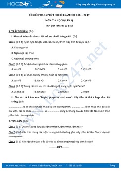 Đề kiểm tra 15 phút học kì 1 môn Tin học lớp 8 có đáp án năm 2017 - Lần 1
