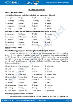 Đề thi Olympic Tiếng Anh 10 năm 2016