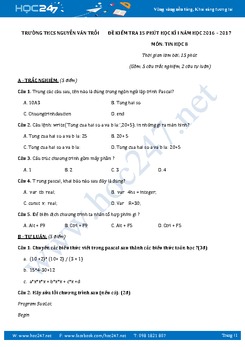 Đề kiểm tra 15 phút học kì 1 môn Tin học lớp 8 có đáp án năm 2017 - Trường THCS Nguyễn Văn Trỗi