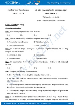 Đề kiểm tra học kì 1 môn Tin học lớp 7 có đáp án năm 2017 - Trường THCS Vĩnh Bình Bắc