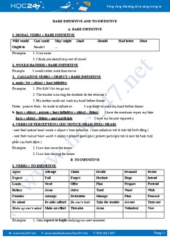 Động từ nguyên mẫu - Bare Infinitive & To infinitive Tiếng Anh 11