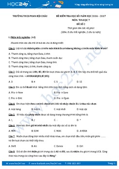 Đề kiểm tra học kì 1 môn Tin học lớp 7 có đáp án năm 2017 - Trường THCS Phan Bội Châu (Đề 2)