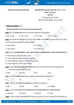 Đề kiểm tra học kì 1 môn Tin học lớp 7 có đáp án năm 2017 - Trường THCS Phan Bội Châu (Đề 1)