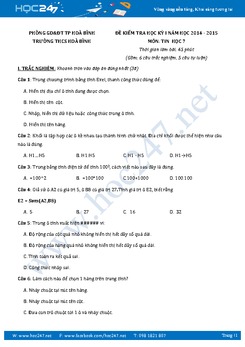 Đề kiểm tra học kì 1 môn Tin học lớp 7 có đáp án năm 2017 - Trường THCS Hòa Bình