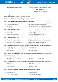 Đề kiểm tra học kì 1 môn Tin học lớp 7 có đáp án năm 2017 - Trường THCS Bình Châu