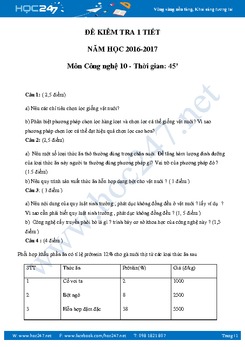 Đề kiểm tra 1 tiết Công Nghệ 10 HKI có đáp án năm 2017