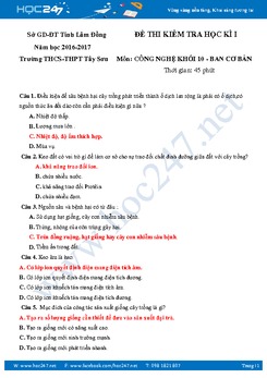Đề thi trắc nghiệm môn Công Nghệ 10 HKI có đáp án năm 2017