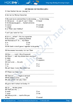 Đề tham khảo thi IOE Tiếng Anh lớp 4 cấp trường