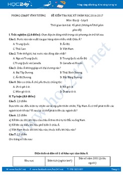 Đề thi HK1 môn Địa Lý 8 - Phòng GD và ĐT Vĩnh Tường