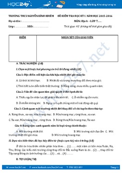 Đề thi HK1 môn Địa Lý 7 - Trường THCS Nguyễn Bỉnh Khiêm