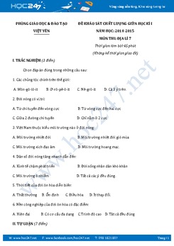 Đề thi giữa kì 1 môn Địa Lý 7 - Phòng GD và ĐT Việt Yên
