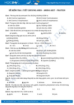 Đề kiểm tra Hóa 12 Chương Amin - Amino axit - Protein có đáp án