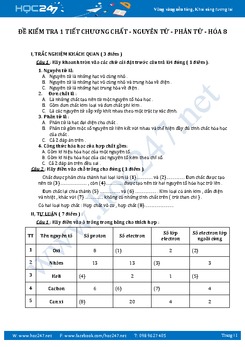 Đề kiểm tra Hóa 8 Chương 1 Chất - Nguyên tử - Phân tử có lời giải