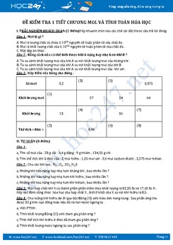 Đề kiểm tra Hóa 8 Chương 3 Mol và tính toán hóa học có lời giải