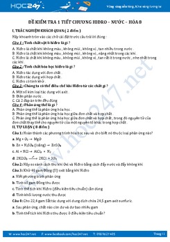 Đề kiểm tra Hóa 8 Chương 5 Hiđro - Nước có giải chi tiết