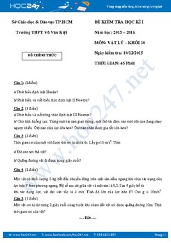 Đề kiểm tra HKI môn Vật lý 10 có đáp án trường THPT Võ Văn Kiệt