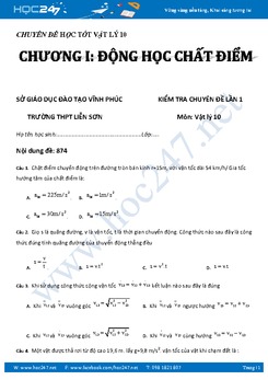 Đề kiểm tra chương Động Học Chất Điểm Vật Lý 10 có đáp án