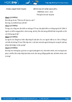 Đề thi HK1 môn GDCD lớp 6 - Phòng GD và ĐT Bình Thạnh