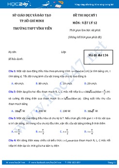 Đề thi trắc nghiệm môn Vật Lý 12 HKI có đáp án năm 2017