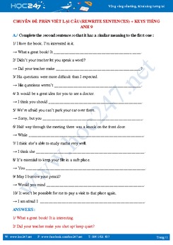 Bài tập viết lại câu tiếng Anh 9 có lời giải