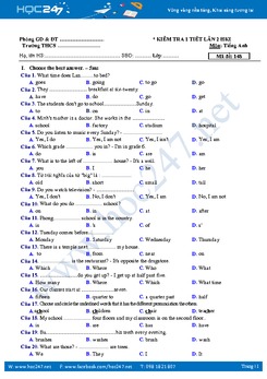 Đề kiểm tra 1 tiết tiếng anh lớp 6 lần 2 có đáp án