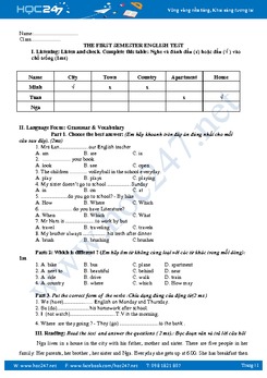 Đề thi kiểm tra học kì 1 tiếng Anh lớp 6 có đáp án