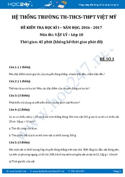 Đề thi học kì I lớp 10 môn Vật lý có đáp án trường DL Việt Mỹ