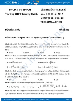 Đề thi trắc nghiệm Vật lý 12 HKI trường THPT Trường Chinh
