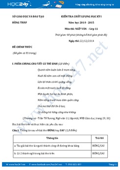 Đề kiểm tra học kì 1 Ngữ văn lớp 11 Sở GD&ĐT Đồng Tháp