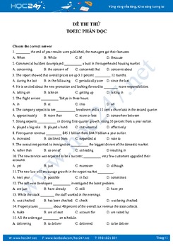 Đề thi thử Tiếng Anh Toeic phần đọc hiểu có đáp án