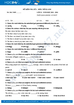 Đề kiểm tra 1 tiết tiếng Anh lớp 12 lần 1 năm 2017