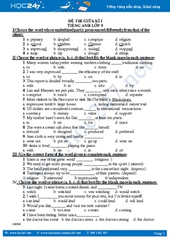 Đề kiểm tra giữa học kì 1 tiếng Anh lớp 9 năm 2017