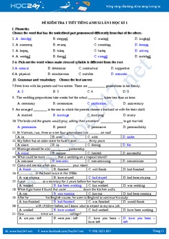 Đề kiểm tra 1 tiết Tiếng Anh lớp 12 lần 1 học kì 1 có đáp án