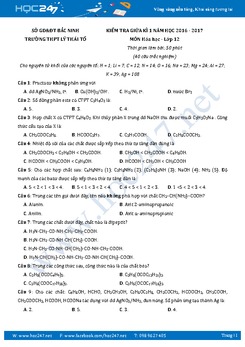 Đề thi giữa học kì 1 Hóa 12 THPT Lý Thái Tổ có đáp án