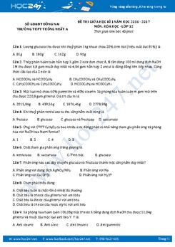 Đề thi giữa học kì 1 Hóa 12 THPT Thống Nhất A có đáp án