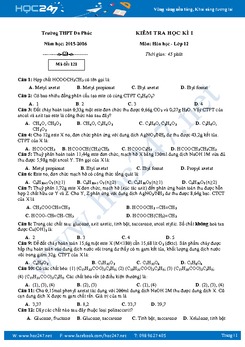 Đề thi học kì 1 Hóa 12 Trường THPT Đa Phúc có đáp án