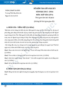 Đề thi giữa học kì 1 Ngữ Văn 6 năm 2016 THCS Mạc Đĩnh Chi