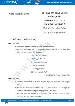 Đề thi học kì 1 Văn 7 năm 2016 phòng GD&ĐT Bình Giang