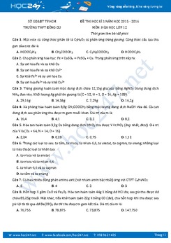 Đề thi học kì 1 Hóa 12 Trường THPT Đông Du có đáp án