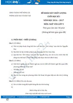 Đề thi học kì 1 môn Ngữ Văn lớp 9 năm 2017 có đáp án