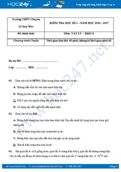 Đề thi học kì 1 môn Vật lý 11 trường THPT chuyên Lê Quý Đôn