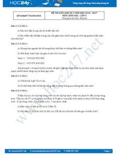 Đề thi giữa HK1 Sinh học 9 - Thanh Hóa năm 2016 có đáp án